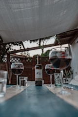 A cozy table setting featuring a glass of red Midyat Süryani wine beside a vineyard landscape.