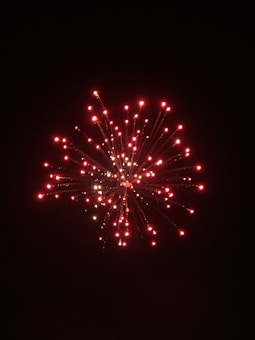 Bright red fireworks burst in the dark night sky, creating a vibrant and festive display with multiple streaks of light radiating outward.