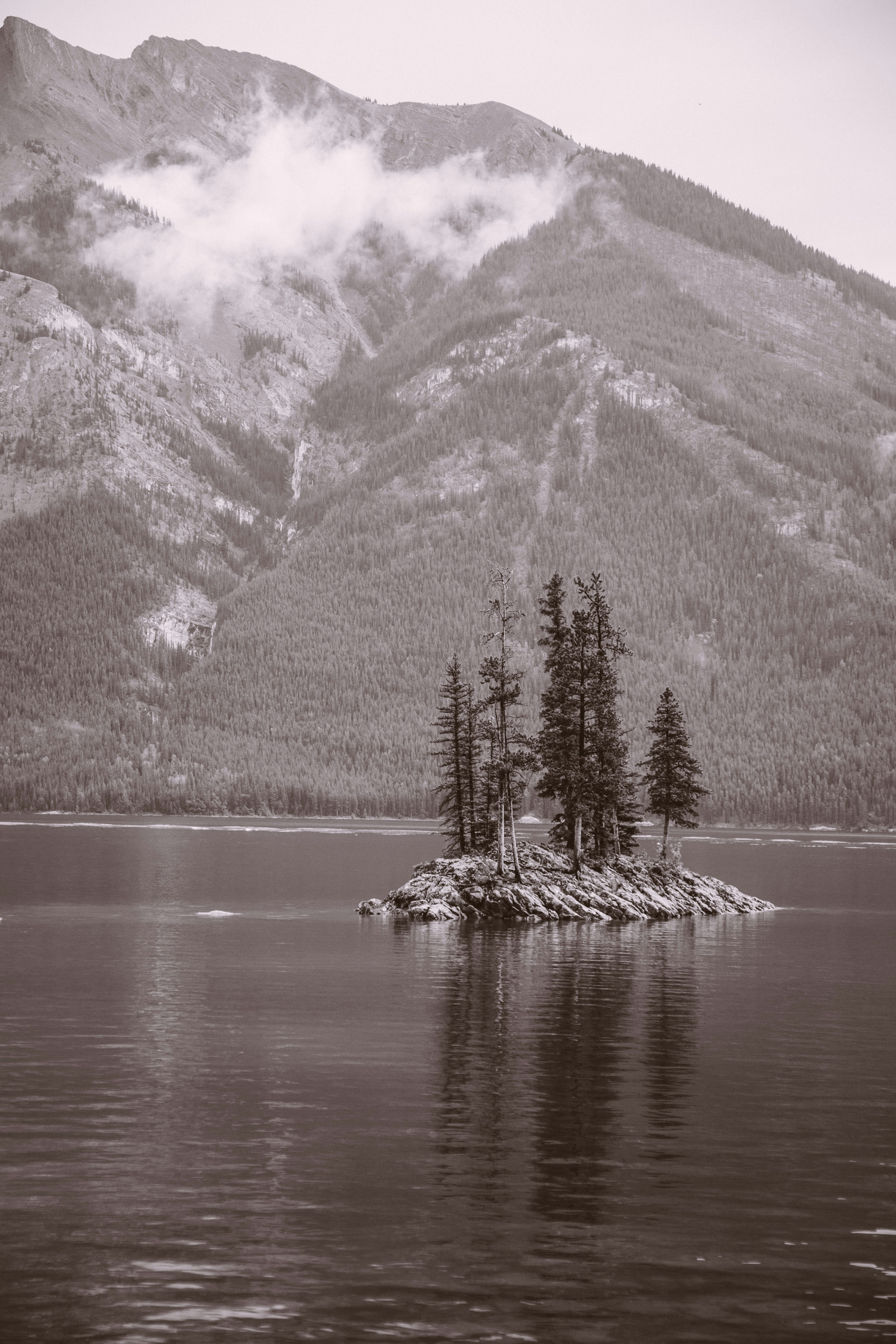 a lake with trees and a mountain in the background