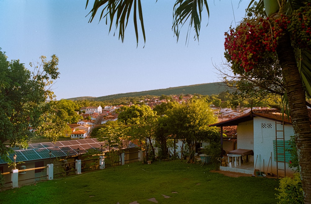 a small town with a hill in the background