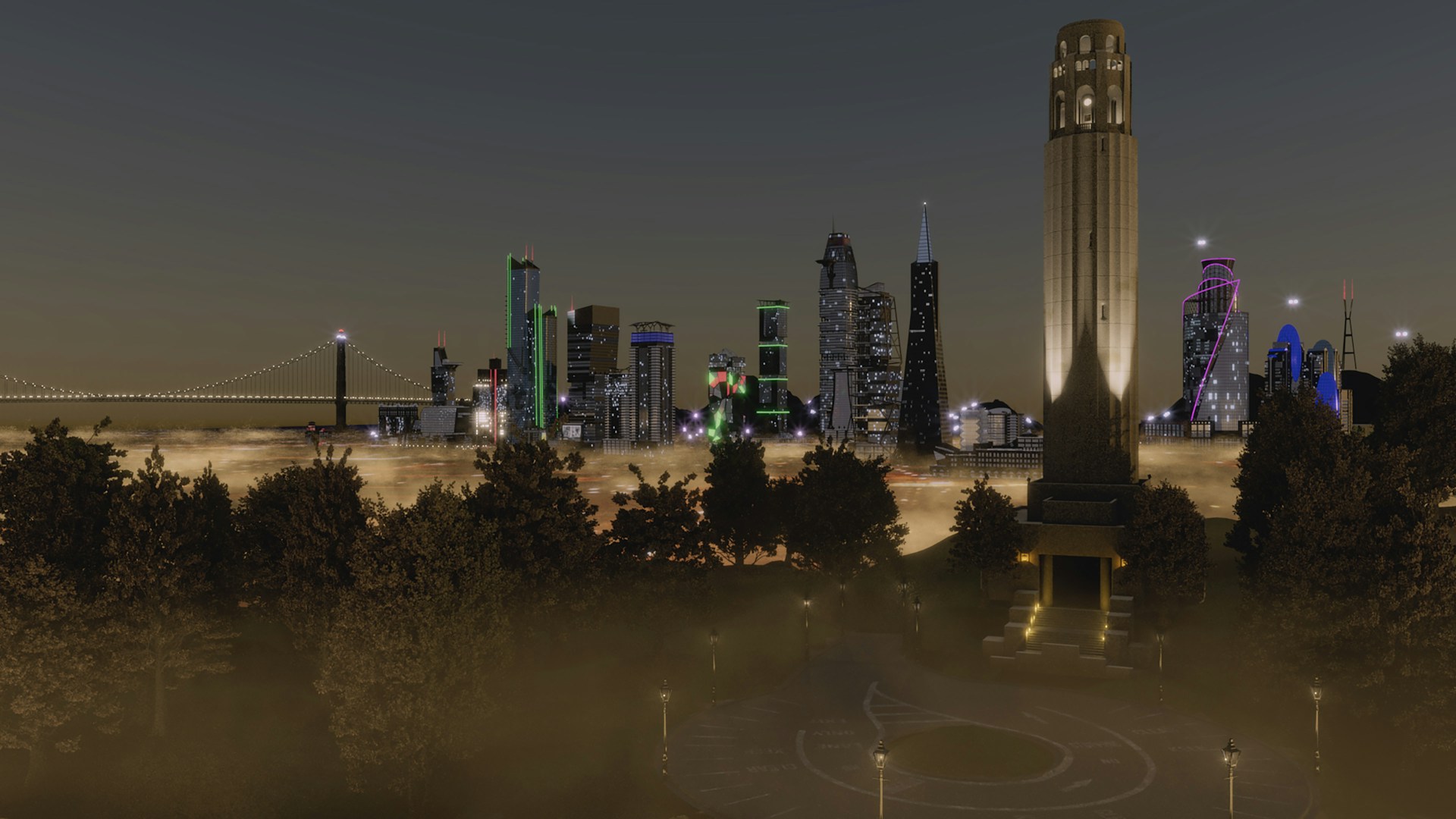 a city skyline at night