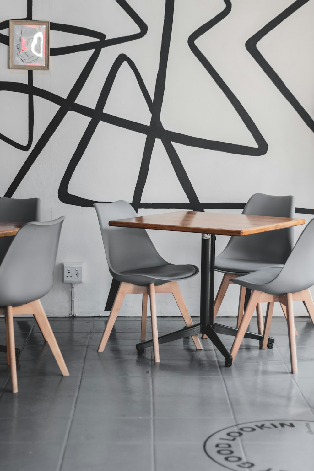 a table and chairs in a room