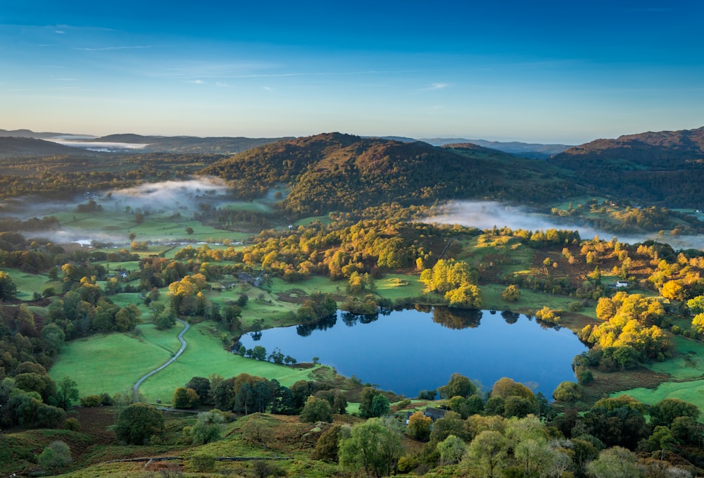 a lake surrounded by trees and hills