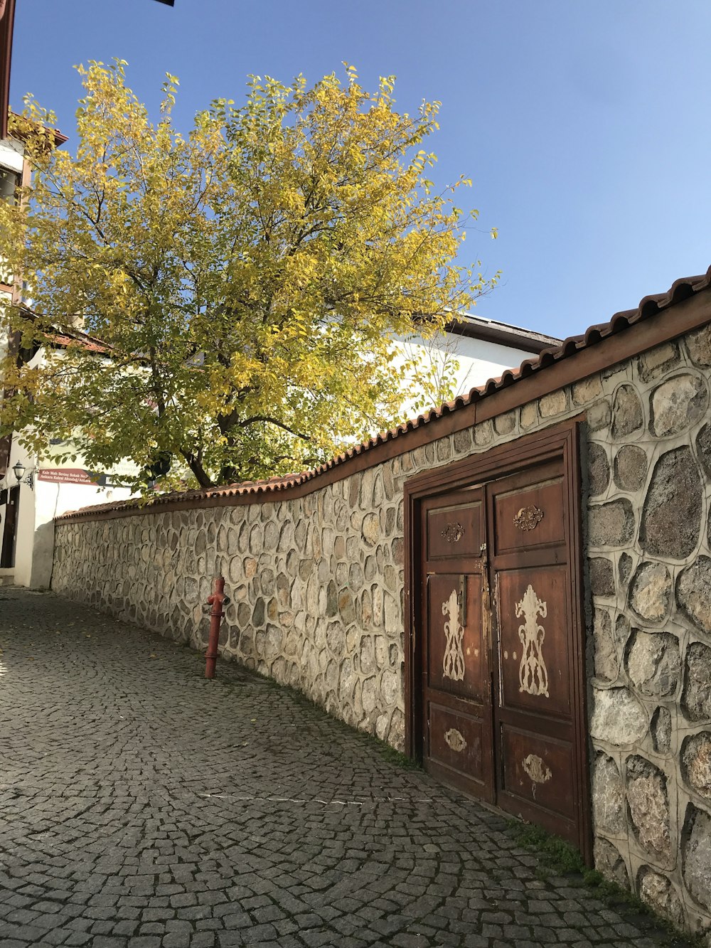 a stone walkway with a tree and a building in the background