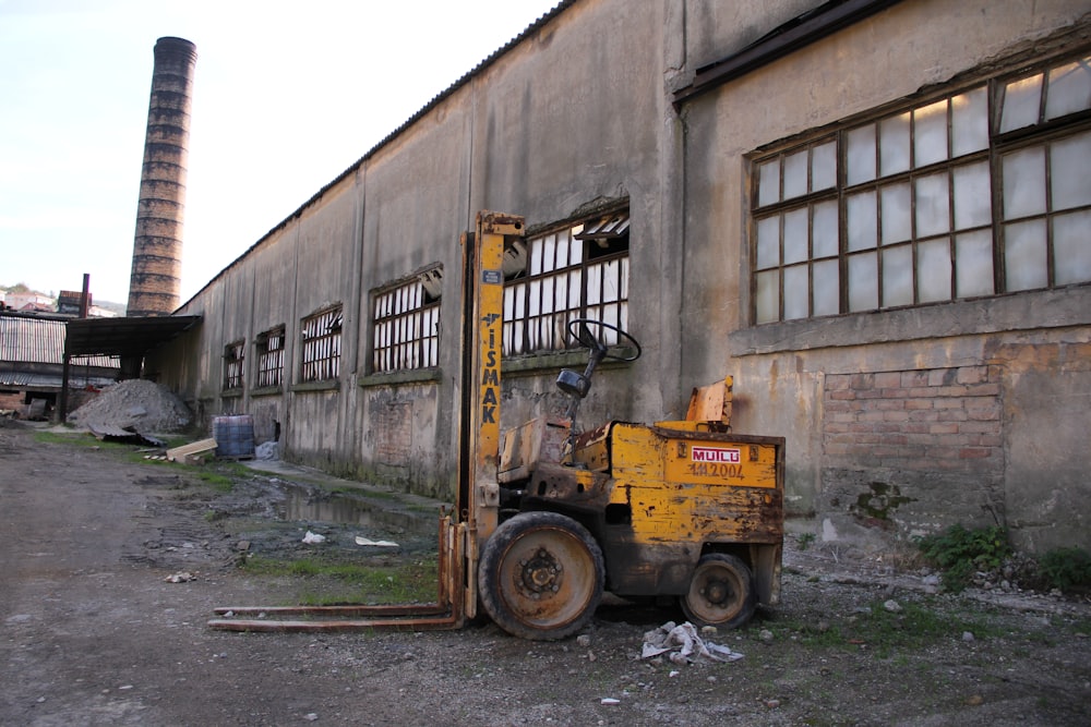 a construction vehicle outside a building