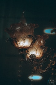 An ornate chandelier with multiple glass or crystal elements is dimly lit, casting a warm, soft glow. The design features intricate floral shapes and detailed embellishments, reflecting a vintage or elegant style. The image is taken in low light, accentuating the golden hues and shadows, creating a moody and mysterious atmosphere.