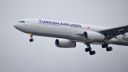A large passenger airplane from Turkish Airlines is captured in mid-air with its landing gear extended. The aircraft appears to be an Airbus A330 and is painted in the airline's standard white and blue livery with a red emblem. The sky is overcast, creating a muted background.