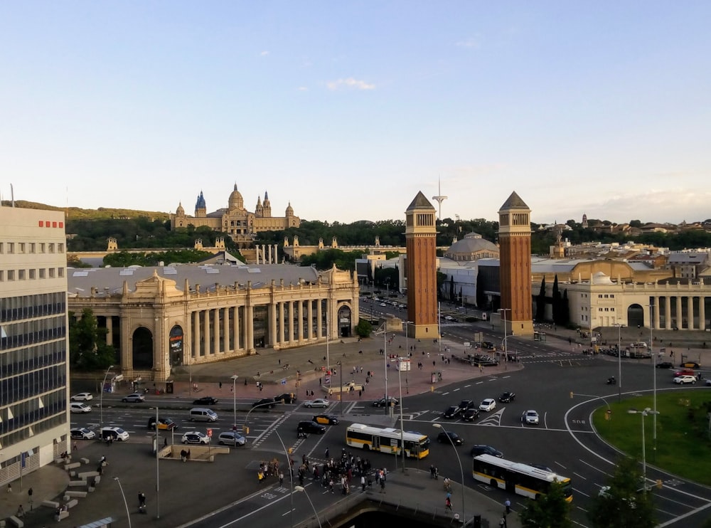 a city with a large building