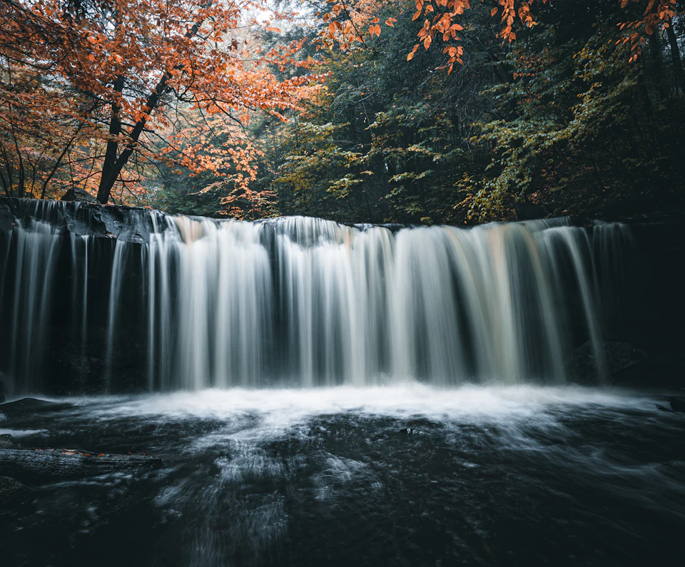 Woodland waterfall surrounded by autumn color
