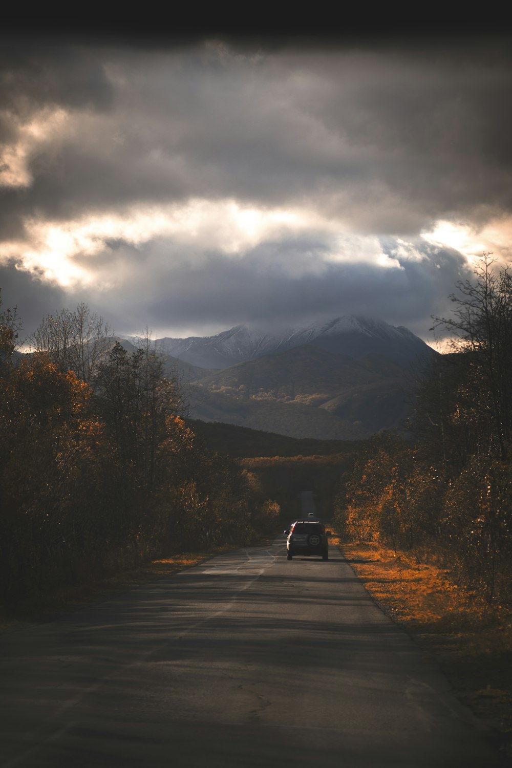 a car driving down a road with trees and mountains in the background