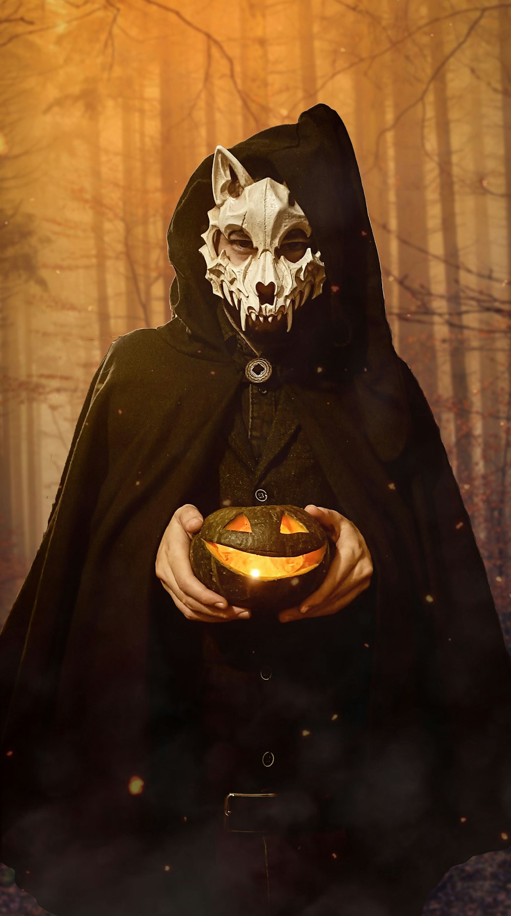 a person wearing a mask and holding a pumpkin