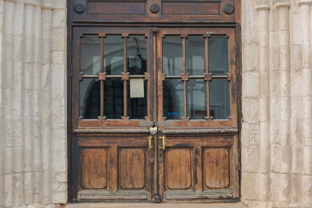a wooden door with a window