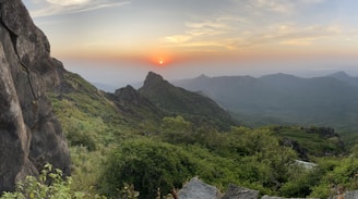A sunset view over a climbing spot surrounded by lush greenery.