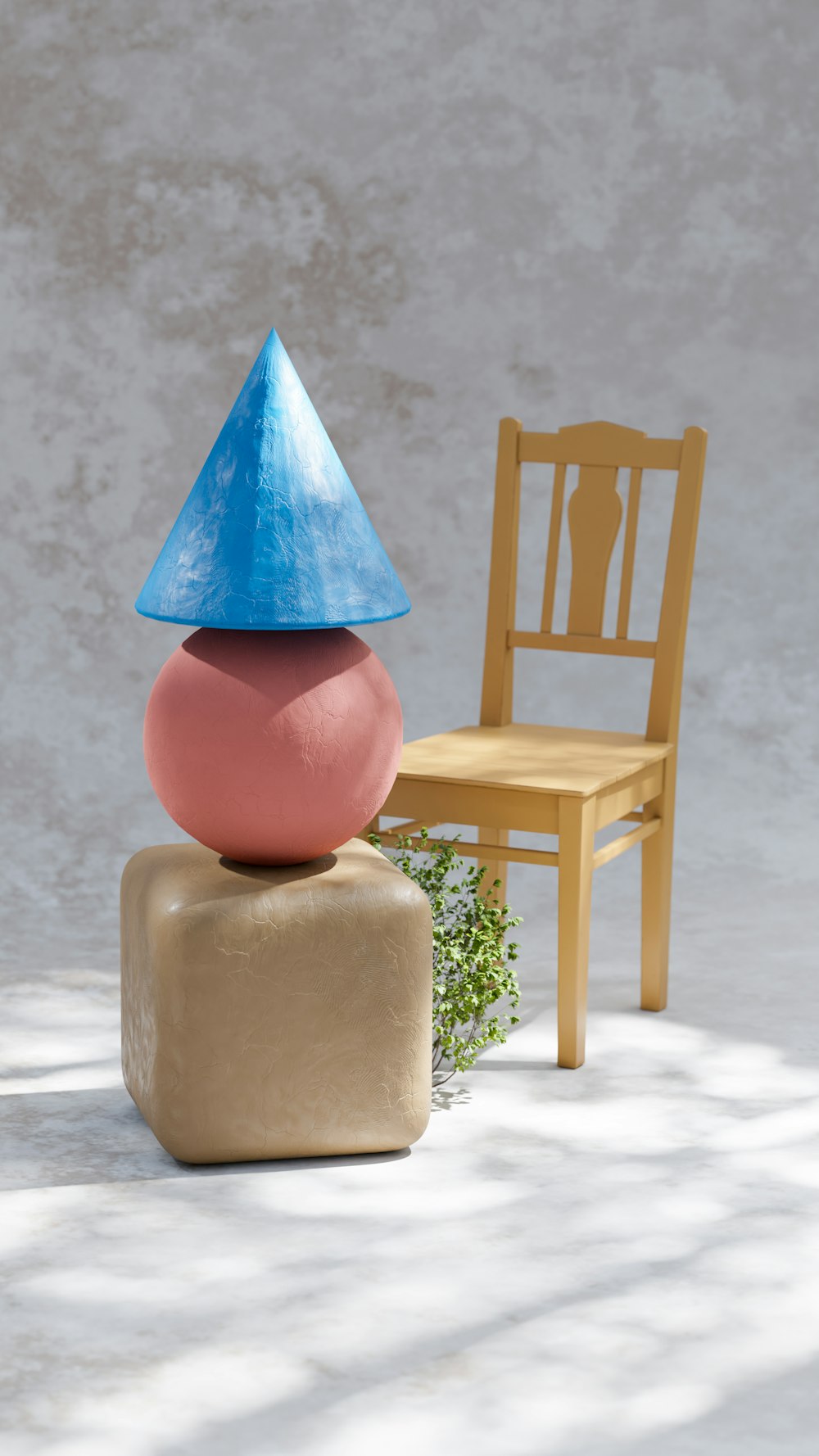a pink and white lamp next to a chair and a plant