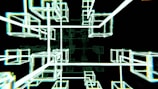 Interconnected glowing wireframe cubes create a futuristic and abstract geometric structure against a dark background.