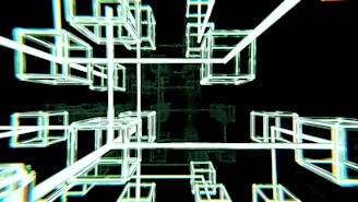 Interconnected glowing wireframe cubes create a futuristic and abstract geometric structure against a dark background.