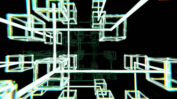 Futuristic digital network glowing with interconnected nodes and subtle 3D depth.