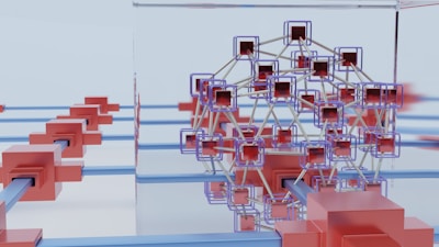 A futuristic abstract geometric structure featuring interconnected cubes and rods. The composition suggests a network or grid-like system with emphasis on symmetry and reflection.