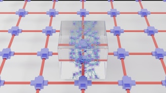 A three-dimensional network pattern with light purple nodes connected by orange lines, creating a grid-like structure. At the center, a transparent cube contains intricate, colorful circuitry resembling a futuristic data network or processor.