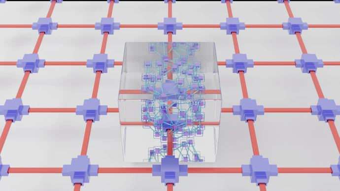 Futuristic purple and black digital network representing blockchain connections.