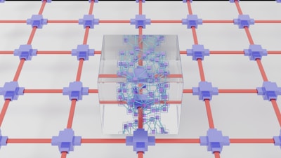 A three-dimensional network pattern with light purple nodes connected by orange lines, creating a grid-like structure. At the center, a transparent cube contains intricate, colorful circuitry resembling a futuristic data network or processor.