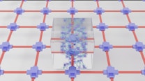 A three-dimensional network pattern with light purple nodes connected by orange lines, creating a grid-like structure. At the center, a transparent cube contains intricate, colorful circuitry resembling a futuristic data network or processor.