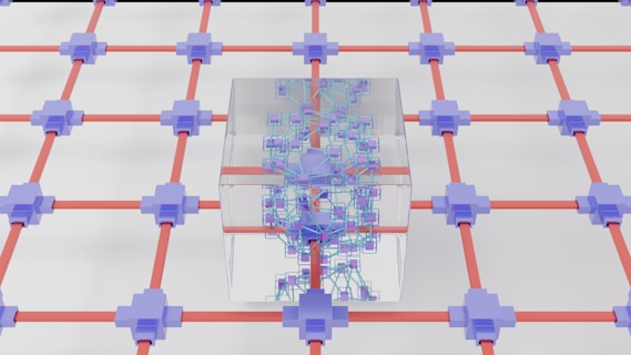 A three-dimensional network pattern with light purple nodes connected by orange lines, creating a grid-like structure. At the center, a transparent cube contains intricate, colorful circuitry resembling a futuristic data network or processor.