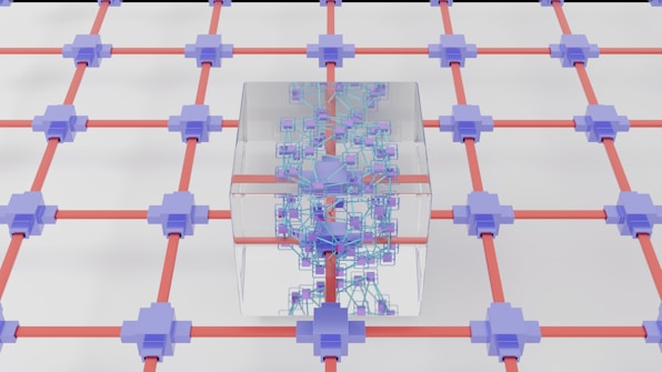 A three-dimensional network pattern with light purple nodes connected by orange lines, creating a grid-like structure. At the center, a transparent cube contains intricate, colorful circuitry resembling a futuristic data network or processor.