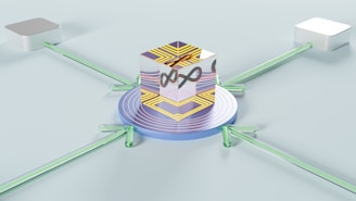 A futuristic design featuring a central cube with intricate geometric patterns, placed on a circular platform with concentric rings. Four neon green rods extend from each side of the cube, connecting to square metallic platforms on a light mint-colored background.