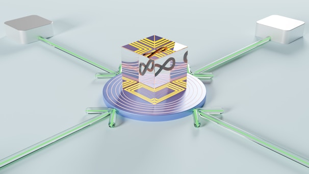 A futuristic design featuring a central cube with intricate geometric patterns, placed on a circular platform with concentric rings. Four neon green rods extend from each side of the cube, connecting to square metallic platforms on a light mint-colored background.