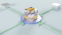 A futuristic design featuring a central cube with intricate geometric patterns, placed on a circular platform with concentric rings. Four neon green rods extend from each side of the cube, connecting to square metallic platforms on a light mint-colored background.