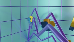 The image features an abstract, minimalist scene with two serpentine, metallic structures extending diagonally across a grid-patterned background. The structures are composed of sleek, curved tubes in shades of lavender and feature small, colorful modules in yellow, blue, and gold. The background consists of turquoise panels with purple grid lines, creating a futuristic and geometric aesthetic.