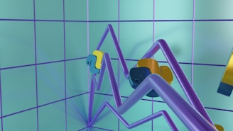 The image features an abstract, minimalist scene with two serpentine, metallic structures extending diagonally across a grid-patterned background. The structures are composed of sleek, curved tubes in shades of lavender and feature small, colorful modules in yellow, blue, and gold. The background consists of turquoise panels with purple grid lines, creating a futuristic and geometric aesthetic.