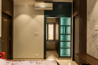a room with a table and a door