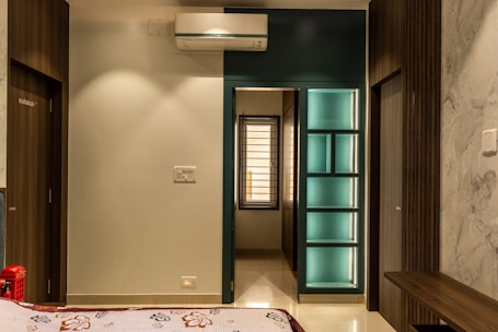 a room with a table and a door
