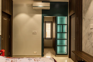 a room with a table and a door