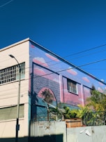 A building wall adorned with colorful mural art depicting palm trees and a sunset, creating a vibrant and tropical atmosphere. The building is surrounded by wire fences and some actual palm trees, enhancing the artistic theme.