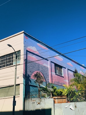 A building wall adorned with colorful mural art depicting palm trees and a sunset, creating a vibrant and tropical atmosphere. The building is surrounded by wire fences and some actual palm trees, enhancing the artistic theme.