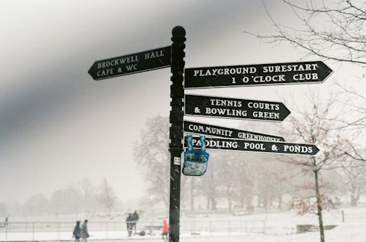 A signpost with multiple directional signs, indicating various destinations like Brockwell Hall Cafe & WC, Playground Surestart, and Tennis Courts & Bowling Green. It stands in a foggy, wintry park setting with bare trees and people walking in the background.