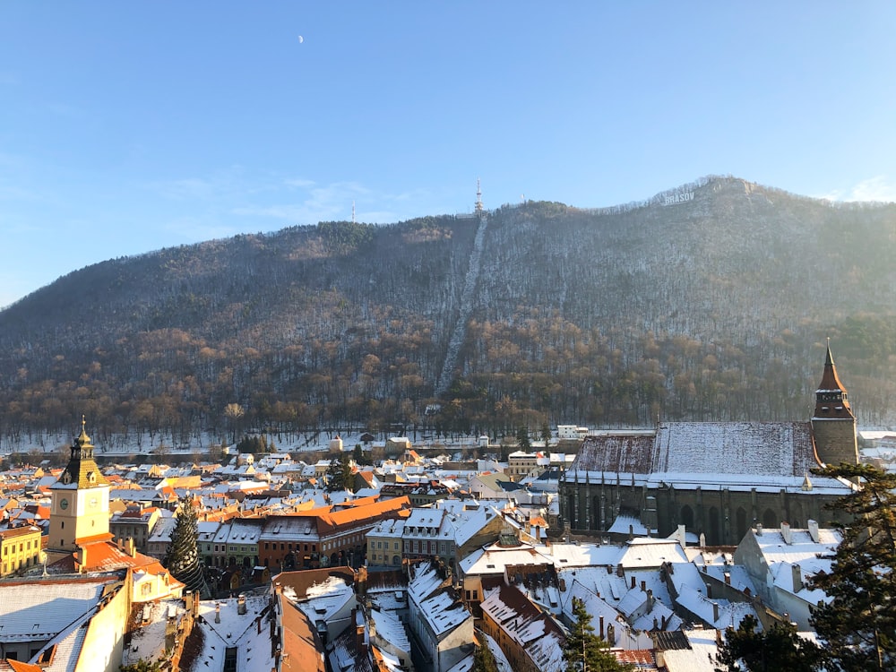 a city with a mountain in the background