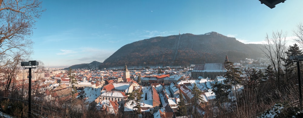 a city with snow on the ground