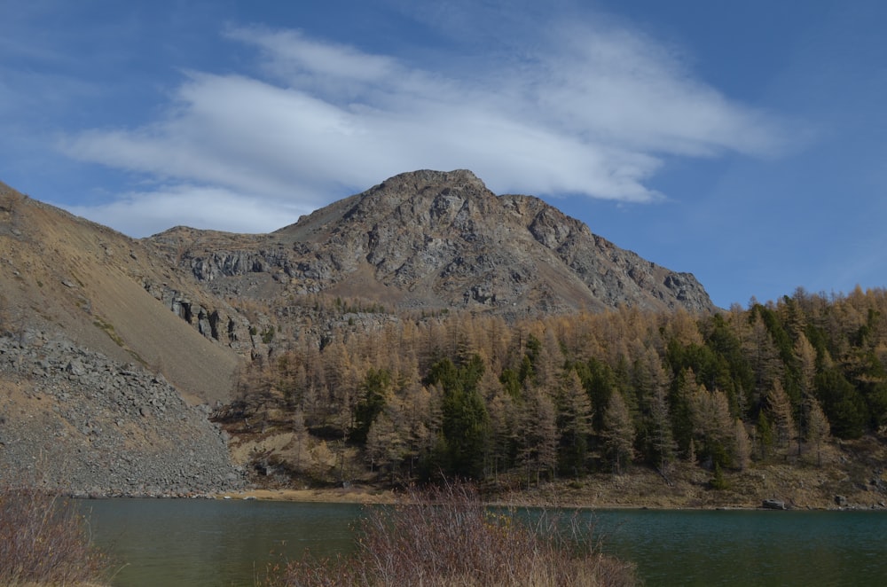 a lake with a mountain in the background