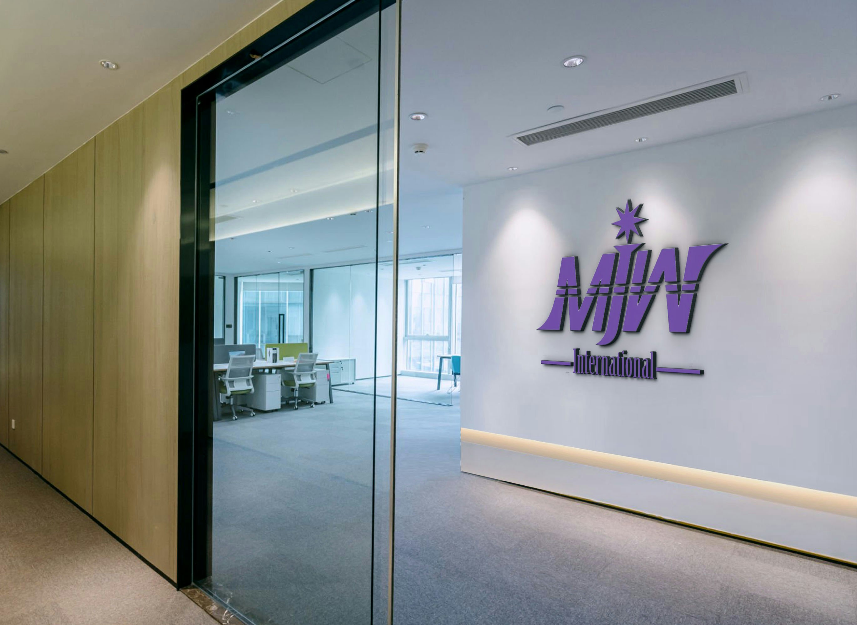 Glass walls and white sign