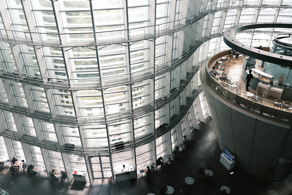 a large building with a spiral staircase