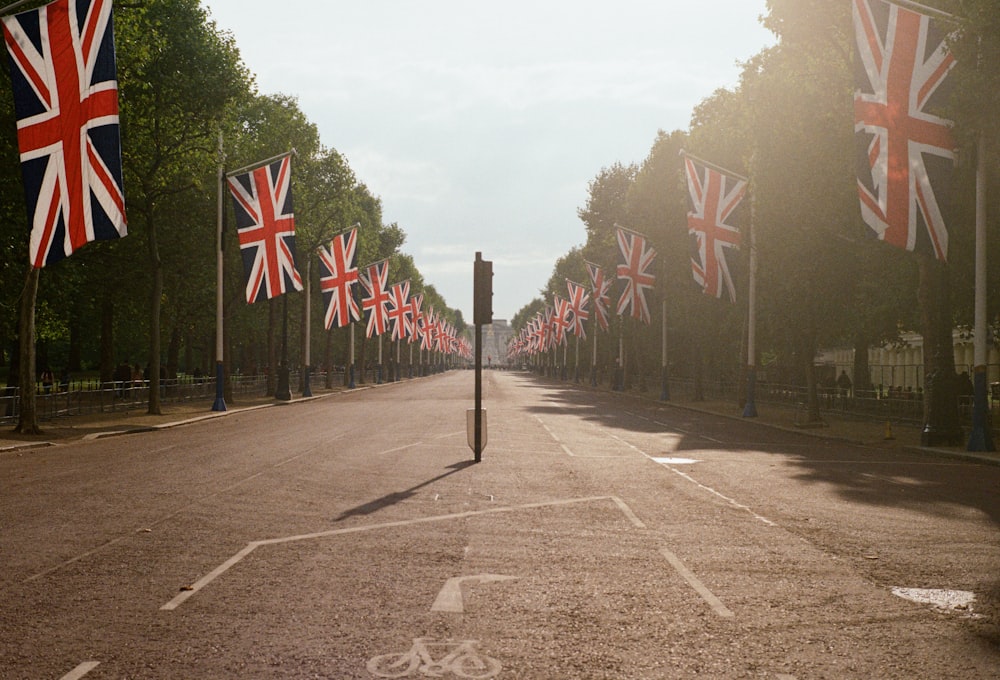 a road with flags on it