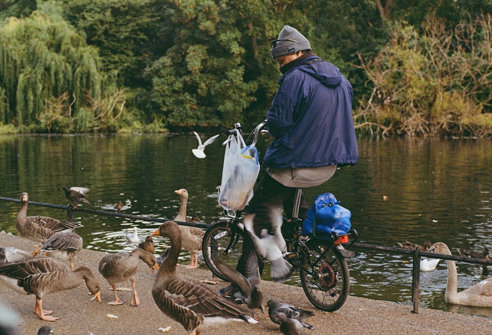 a person pushing a bicycle with geese