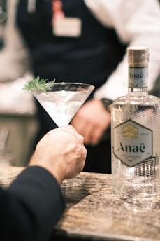 A hand holding a martini glass garnished with a sprig of dill is in focus. In the background, a person in formal attire is slightly blurred. A bottle labeled 'Anaë Gin Français' is positioned on the right side of the image on a marble surface.