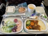 An airline meal tray featuring a main dish with beef stew, mashed potatoes, and vegetables such as carrots and cucumber. A side salad with lettuce, shrimp, and tomato is present alongside packaged butter. A roll wrapped in plastic and a cup of orange juice are included, with utensils and a napkin in a sealed wrapper.