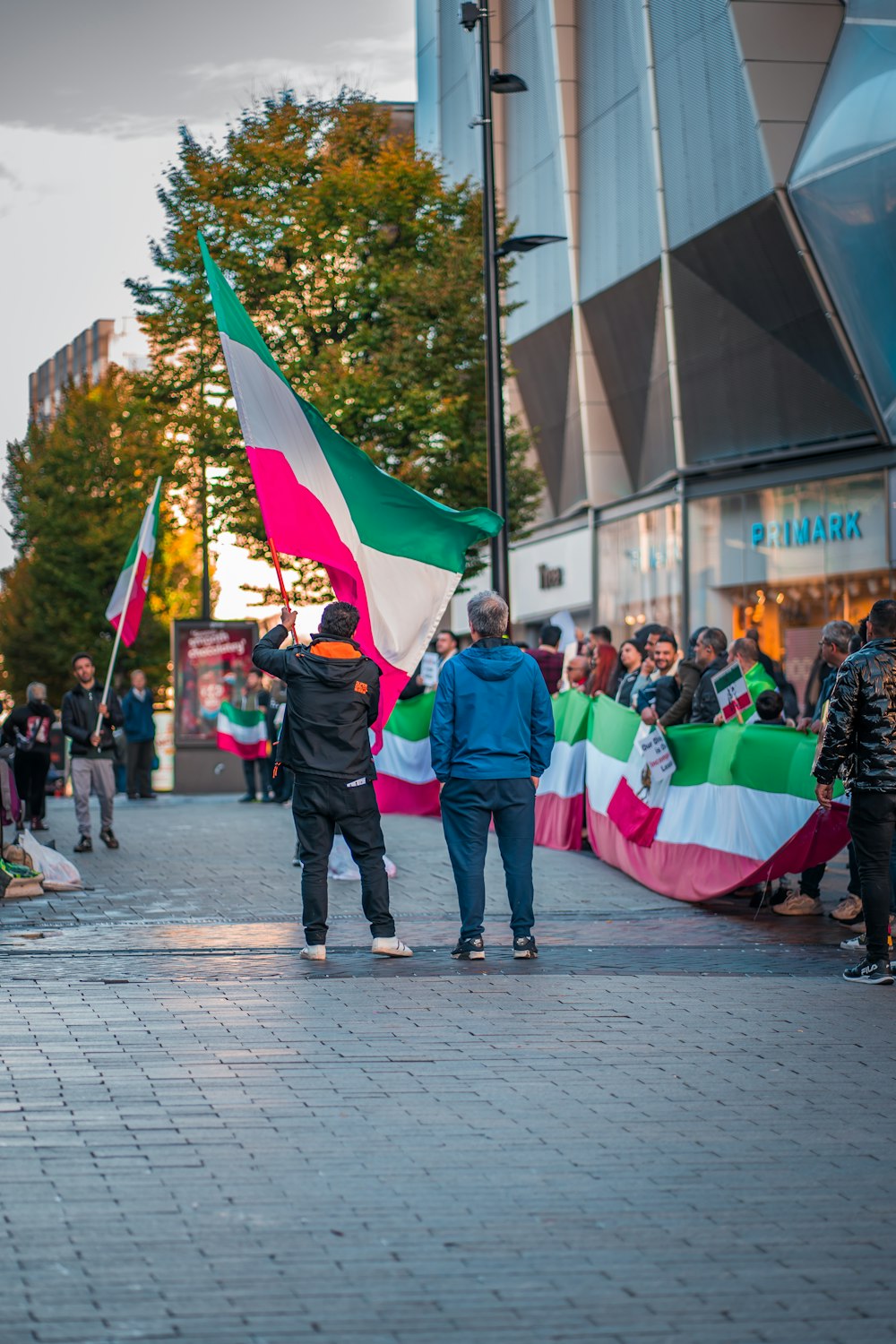 a group of people holding flags