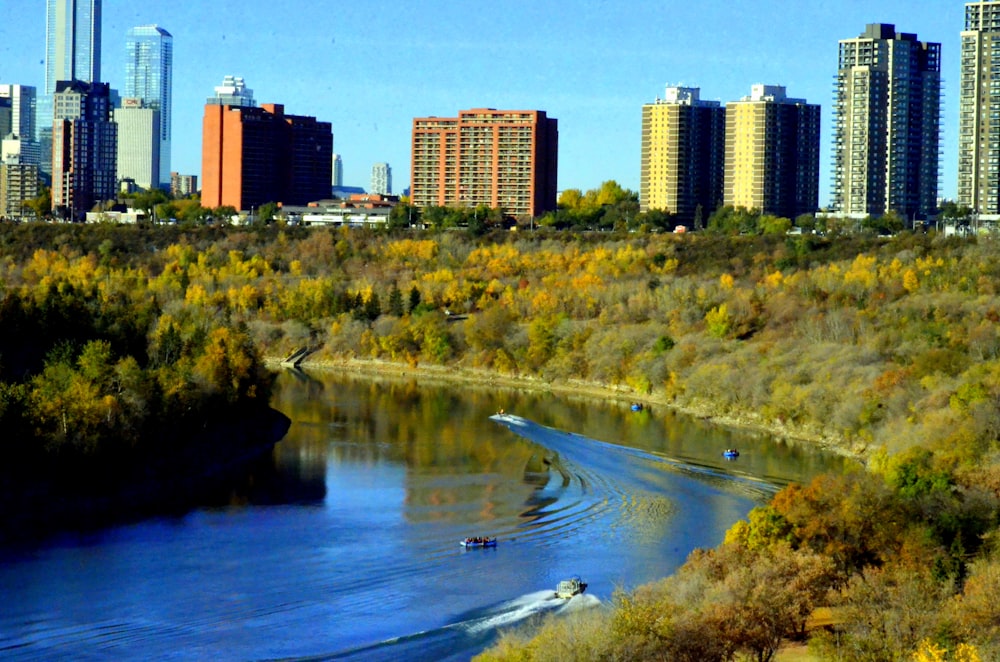 a river with a city in the background